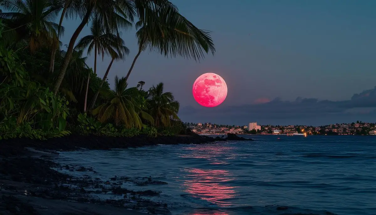 The Strawberry Moon rising over Suva's coastline, with palm trees silhouetted against the moonlit ocean and the city visible in the distance