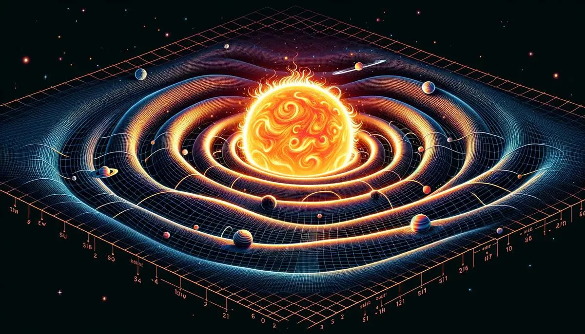 The sun curving space-time with planets following geodesic paths