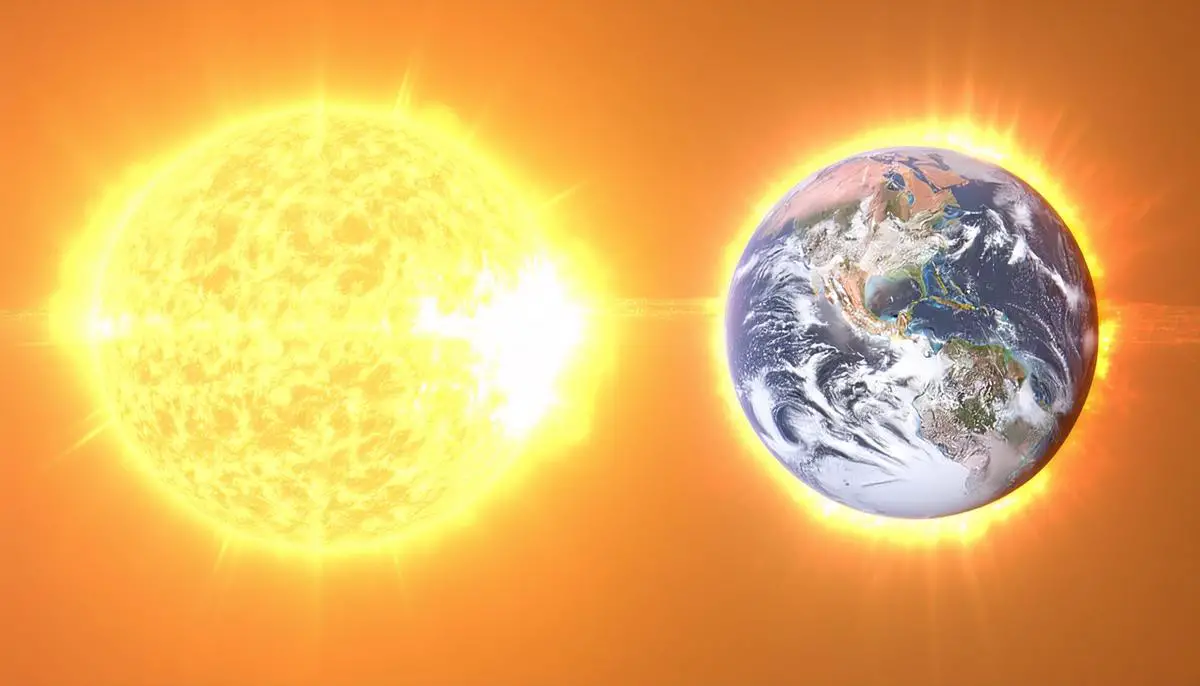 A size comparison between the Sun and Earth, showing the vast difference in scale