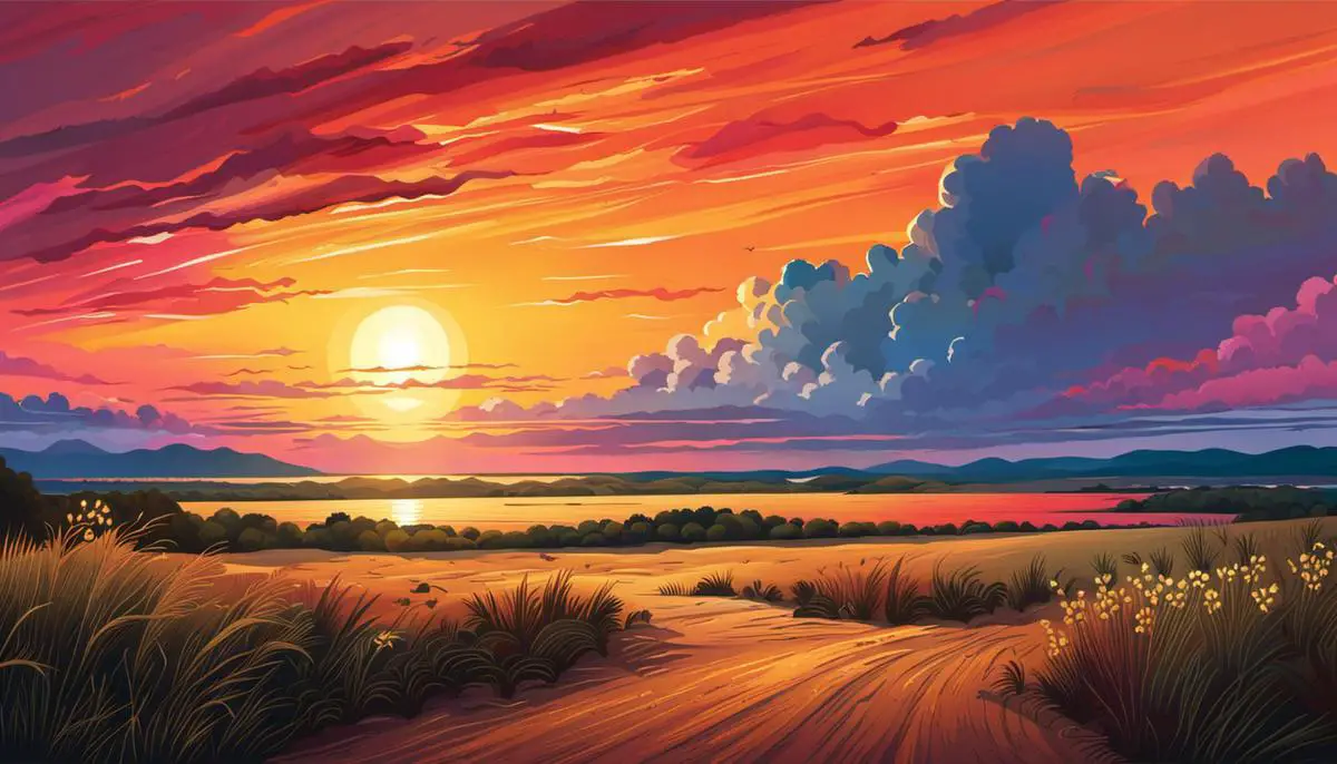 Illustration of a vibrant sunset with the sun setting on the horizon and colorful sky
