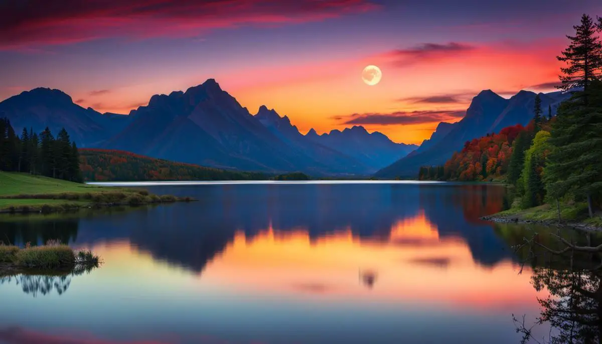 Image of a colorful sunset and moonset over a serene landscape
