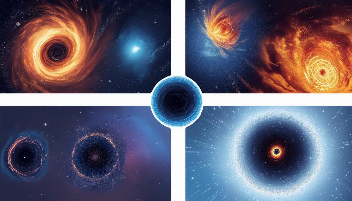An illustration depicting the different feeding mechanisms of supermassive black holes, including quiet accretion of dust and gas and dramatic star-consuming events.