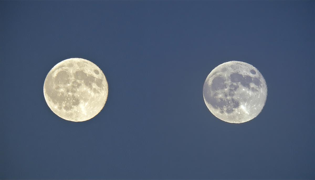 A side-by-side comparison of a regular full moon and a supermoon, showcasing the size and brightness difference