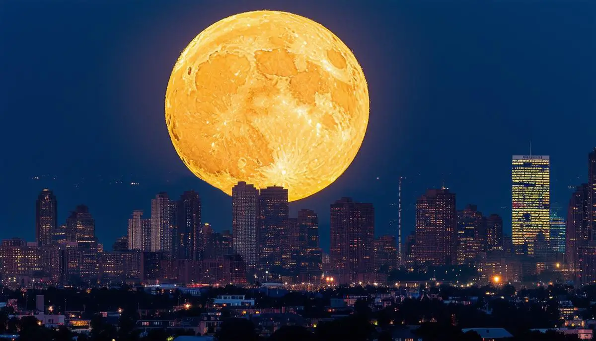 An enormous, luminous Supermoon rising above a city skyline, dwarfing the buildings and captivating onlookers with its incredible size and radiance.