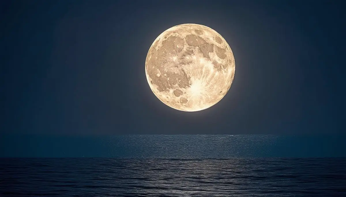 A large Supermoon rising over the ocean horizon, appearing significantly larger and brighter than a regular full moon