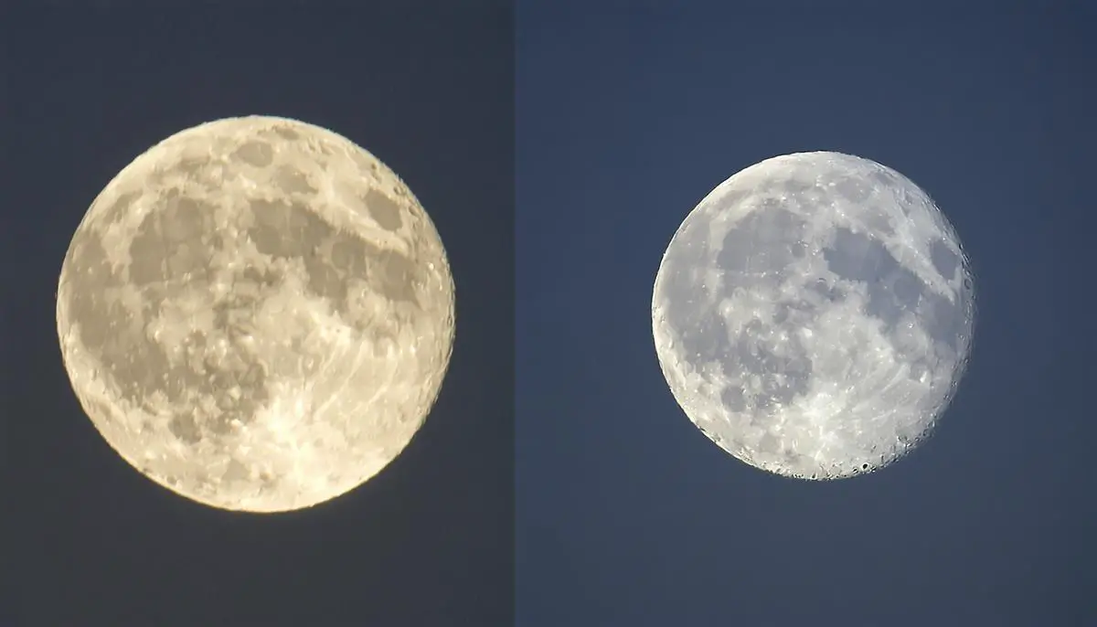 A side-by-side comparison of a regular full moon and a supermoon, showing the size difference