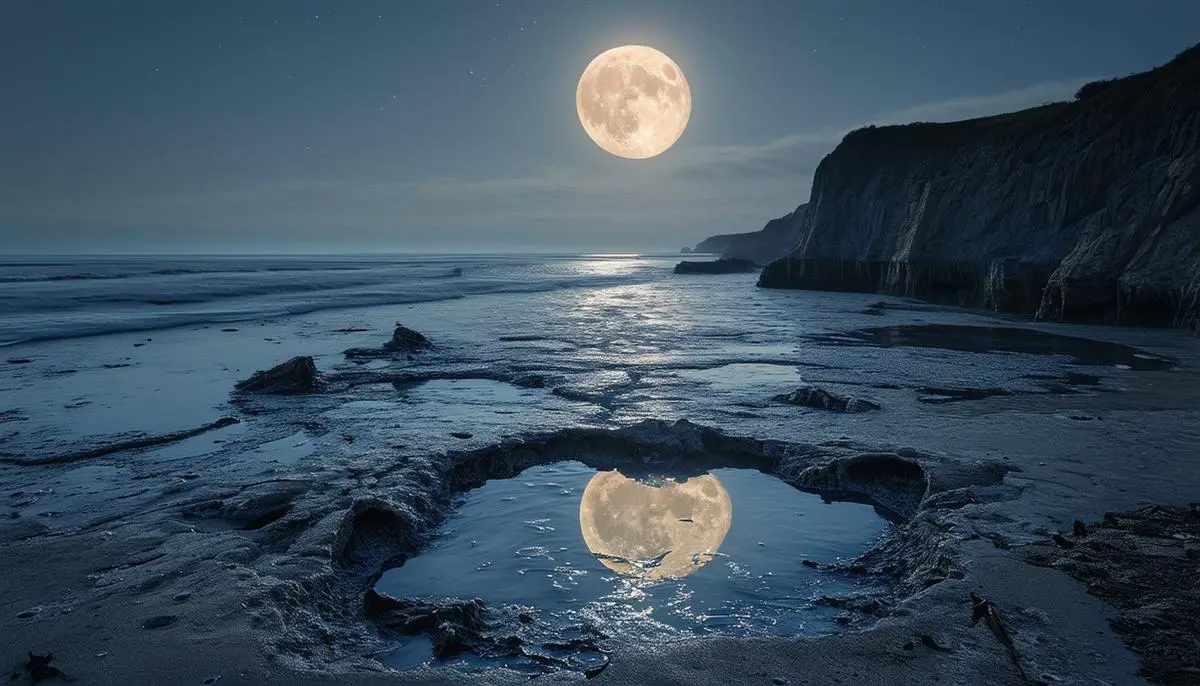 A coastal scene showing exaggerated high and low tides caused by a Supermoon, with exposed tidal pools and flooded areas