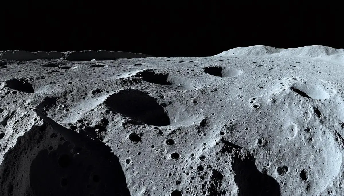 A panoramic view of the surreal lunar landscape with sharp shadows and a pitch-black sky