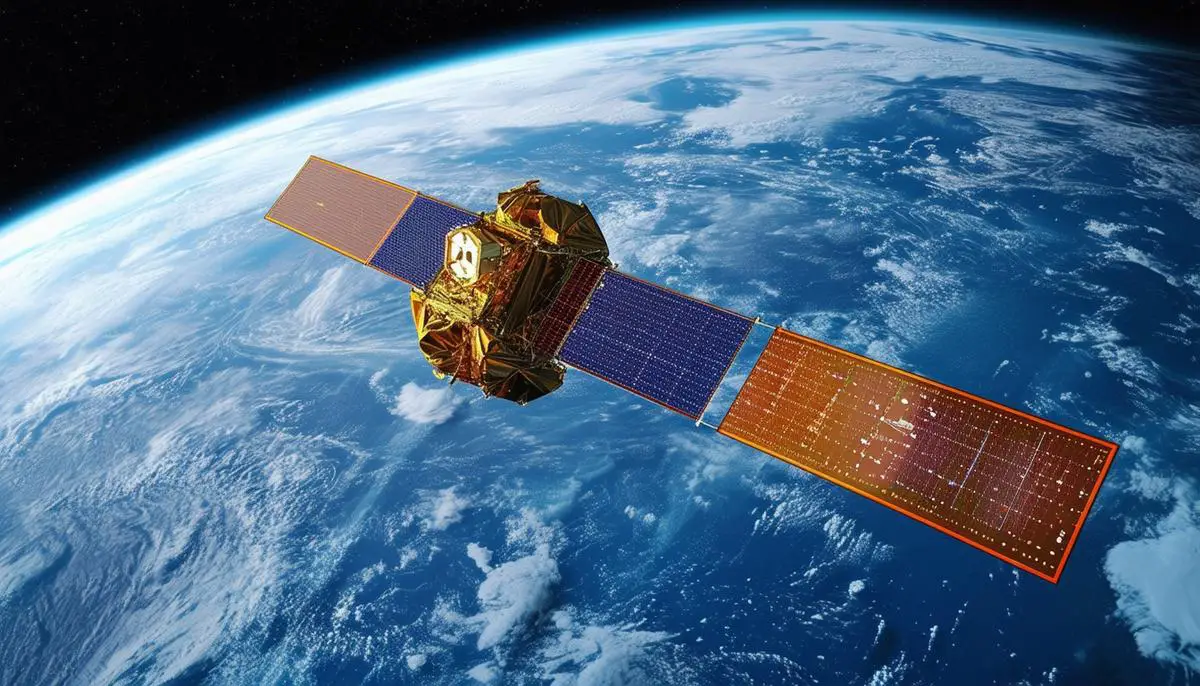 The SWOT satellite orbiting Earth, with detailed water measurements visible on a screen below