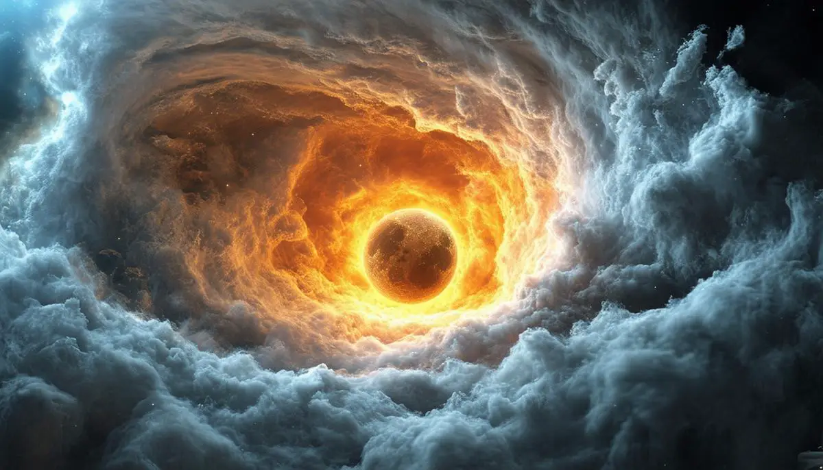 Visualization of a synestia, showing the process of moon formation within a swirling cloud of vaporized rock