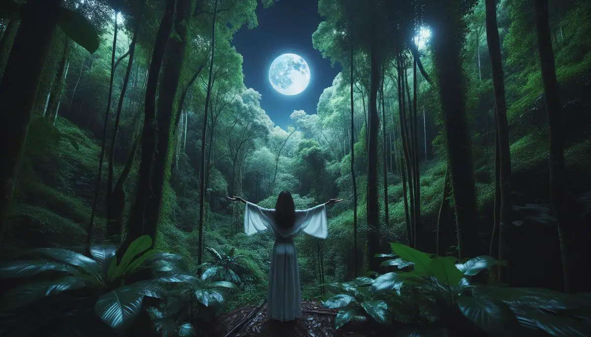 A person standing in a lush forest, arms outstretched towards a full Moon visible through the trees