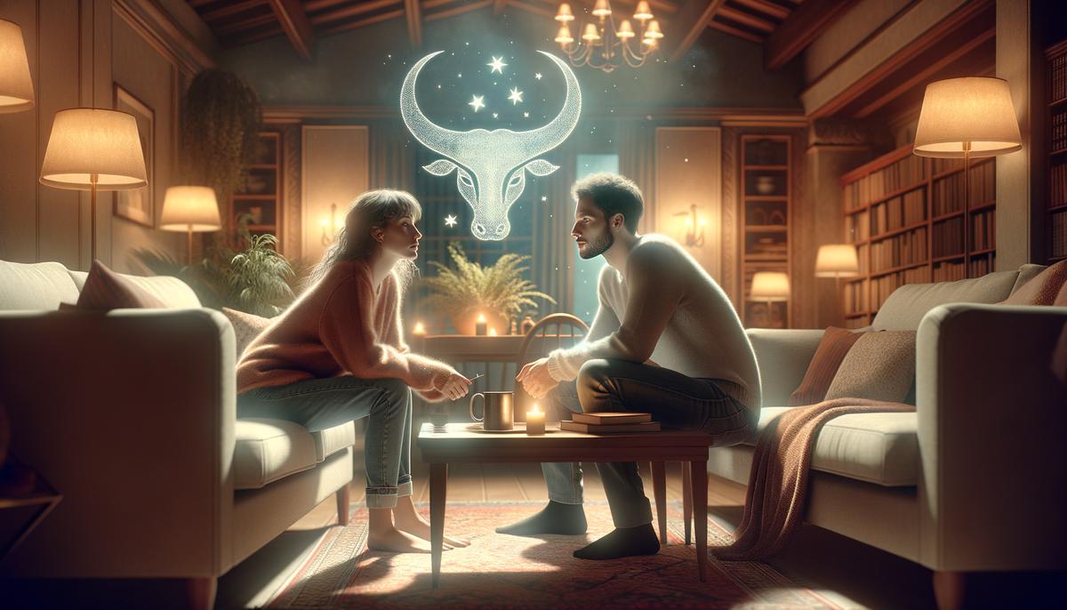 A Taurus couple engaged in deep conversation in a cozy living room setting