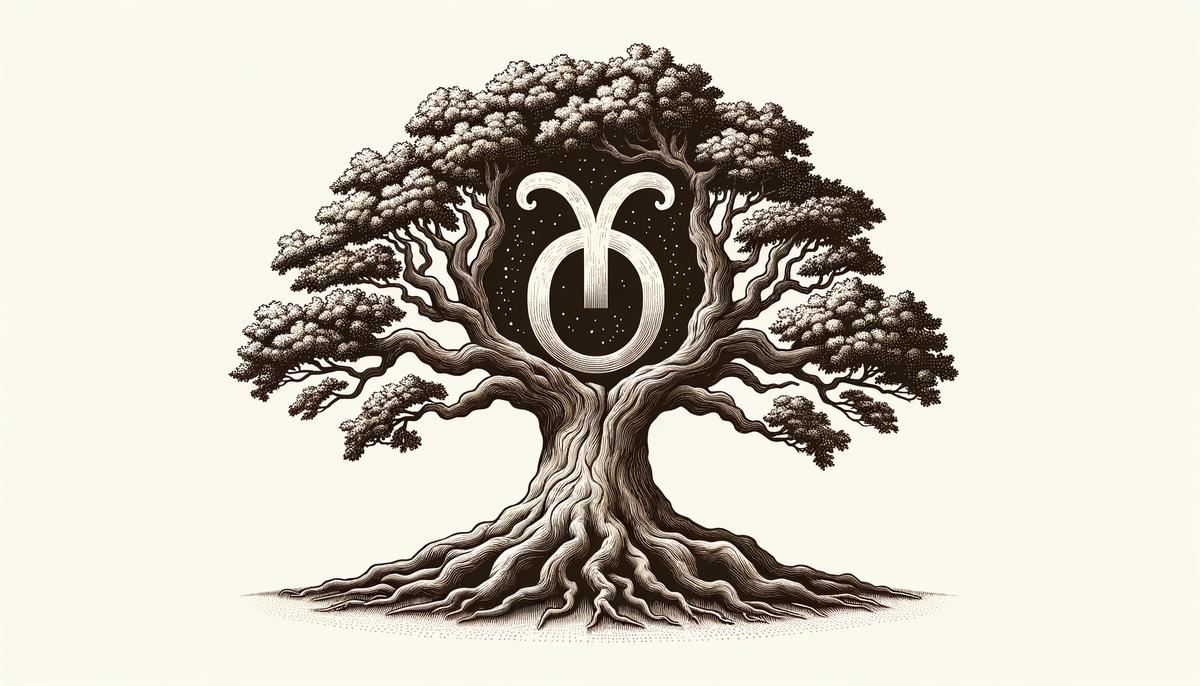Taurus symbol carved into a sturdy oak tree with deep roots