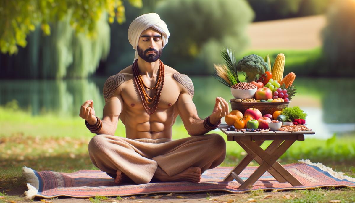 A Taurus individual practicing yoga outdoors with healthy food nearby