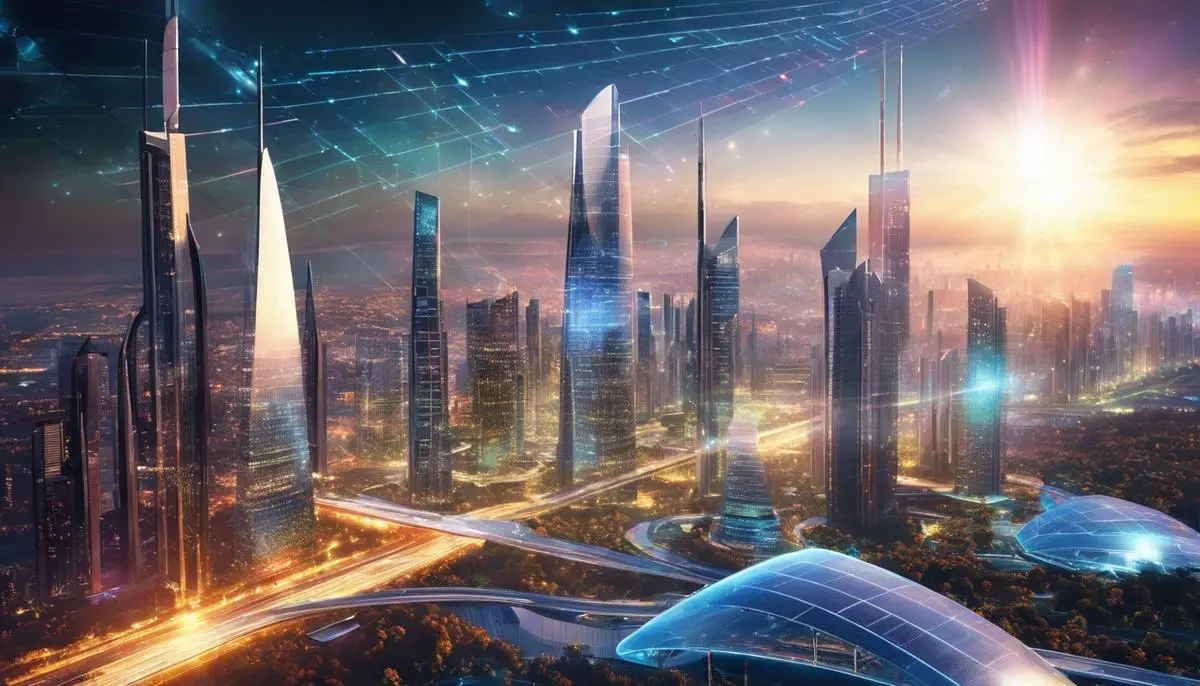 An image showing a futuristic cityscape with holographic communications in the foreground and advanced solar panels on buildings, symbolizing the technological advancements described in the text.