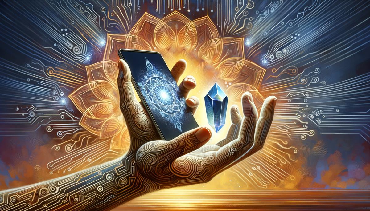 A person balancing a smartphone and a meditation crystal, symbolizing the integration of technology and traditional spirituality