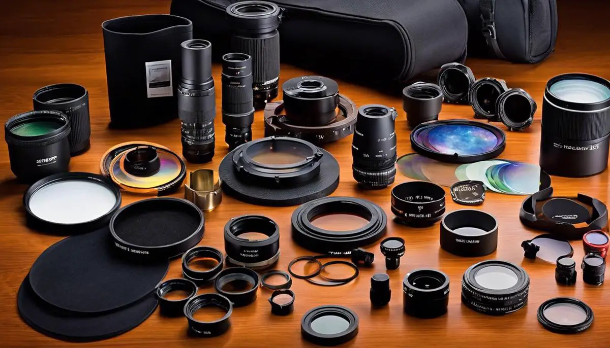 Various telescope accessories including eyepieces, filters, cameras, barlow lenses, focal reducers, enhanced coatings, and mount accessories. These accessories enhance celestial observations and aid in capturing detailed images.