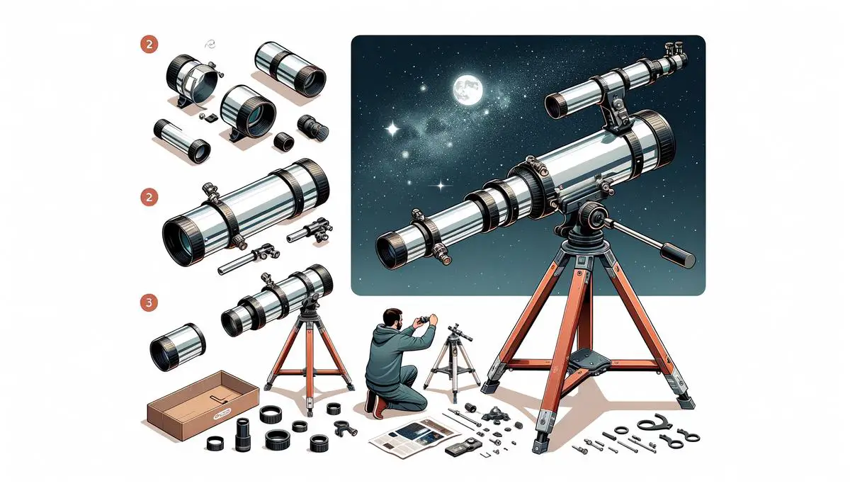 An image showing the step-by-step process of setting up a beginner telescope