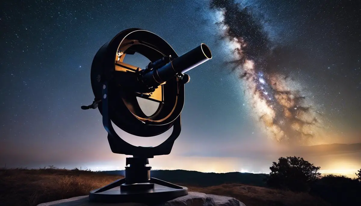 An image of a telescope pointing at the night sky with stars.