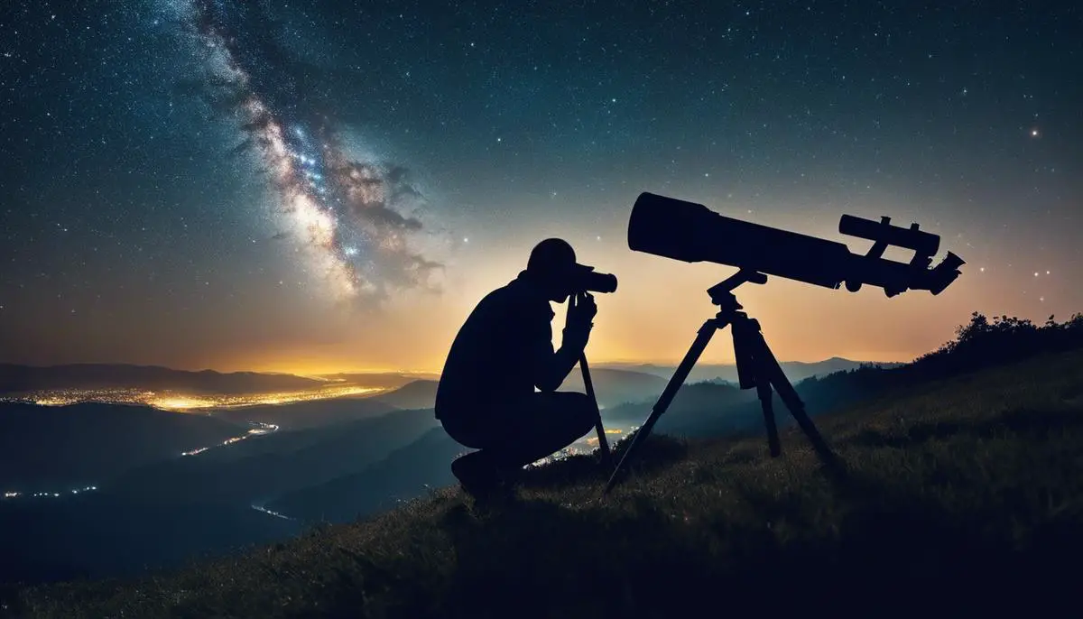 A person looking through a telescope at the night sky