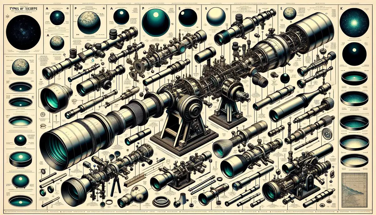 Various types of telescopes lined up, showing the differences in design, lenses, and mirrors for each type of telescope