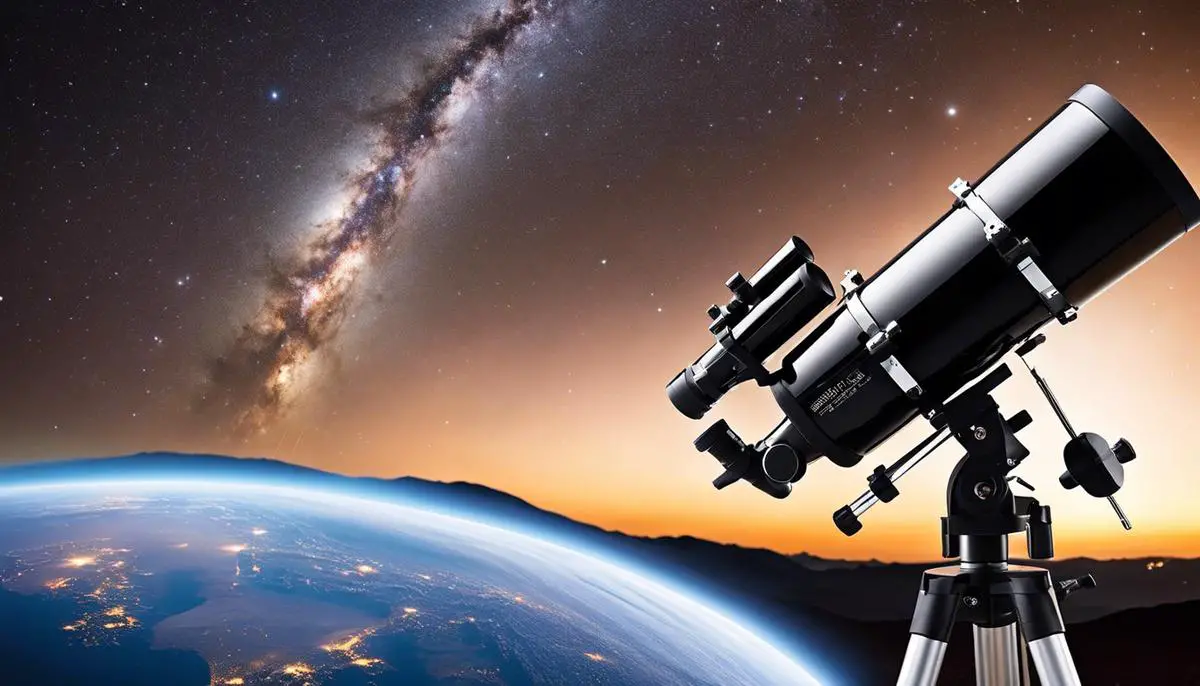 A telescope pointing towards the night sky, capturing the beauty of the stars and galaxies in its lens