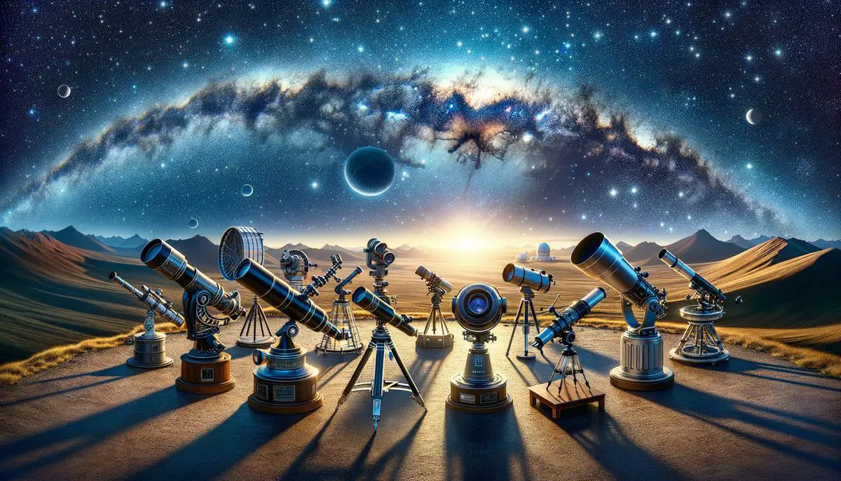 Different types of telescopes pointed towards the night sky