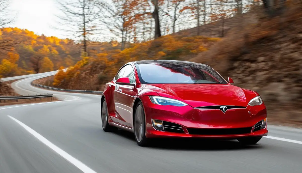 A sleek red Tesla Model S electric car driving on a winding road, showcasing the vehicle's innovative design and performance.