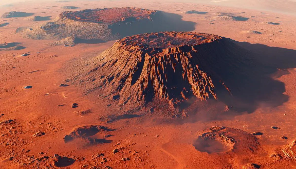 Aerial view of the Tharsis region on Mars, showing multiple large shield volcanoes and expansive lava plains