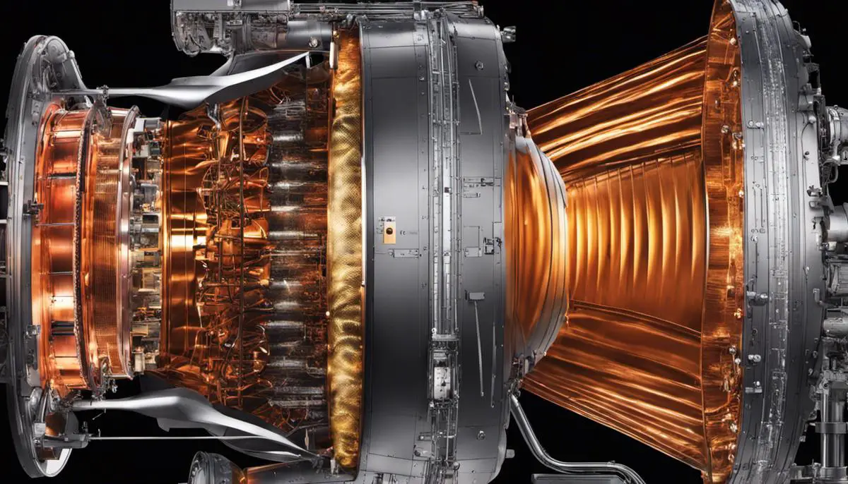 An image depicting the thermal effects on SpaceX rocket engines, showing the intricate mechanisms involved