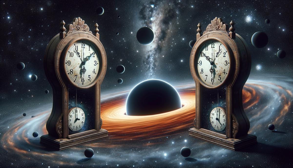 A clock near a black hole showing slower time compared to a clock far away in space