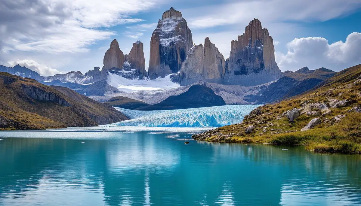 The majestic granite towers of Torres del Paine National Park in Chilean Patagonia, rising above a sparkling glacial lake and surrounded by rugged wilderness.