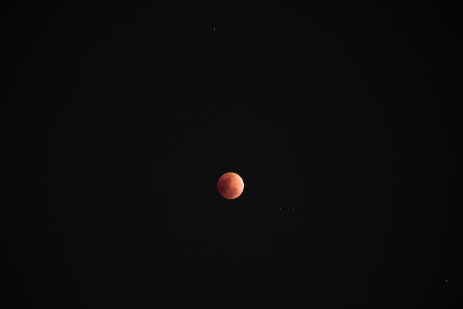 A stunning total lunar eclipse, with the Moon fully immersed in Earth's shadow and transformed into an eerie, reddish 'Blood Moon' against a starry night sky.