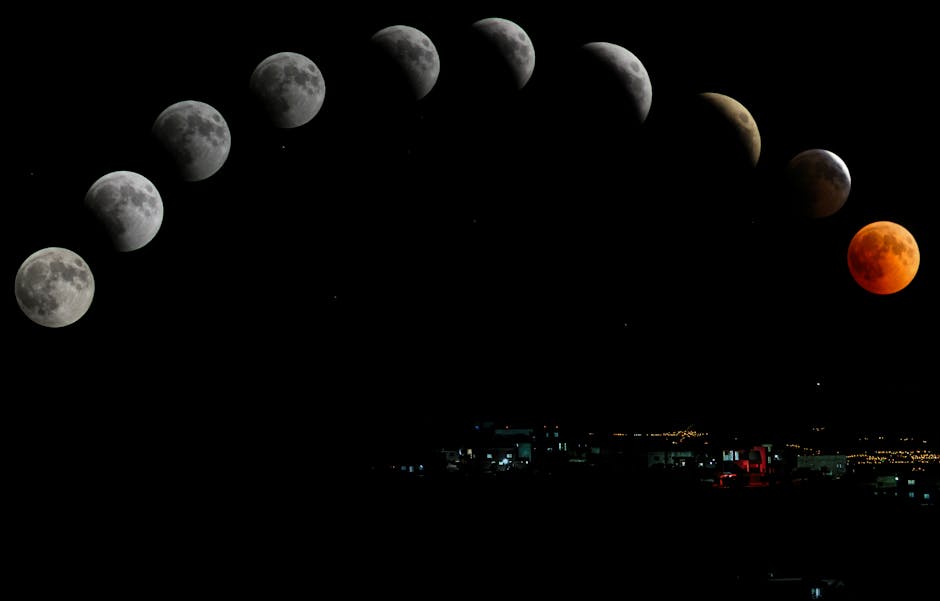 Composite image showing the phases of a total lunar eclipse from start to finish