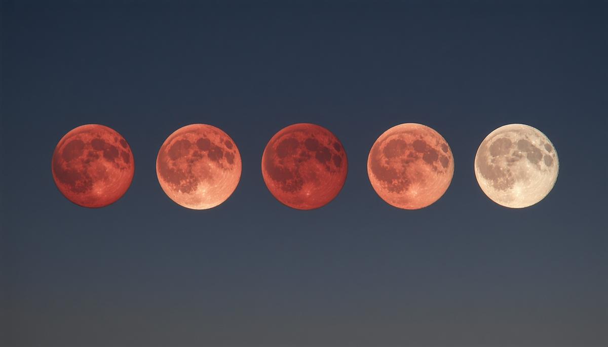 Sequence of a total lunar eclipse showing the moon turning red