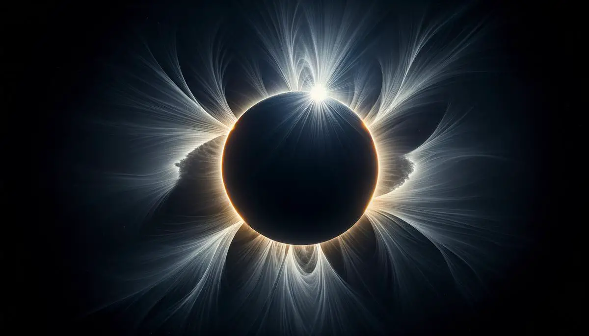 A photograph of a total solar eclipse, with the moon completely blocking the sun