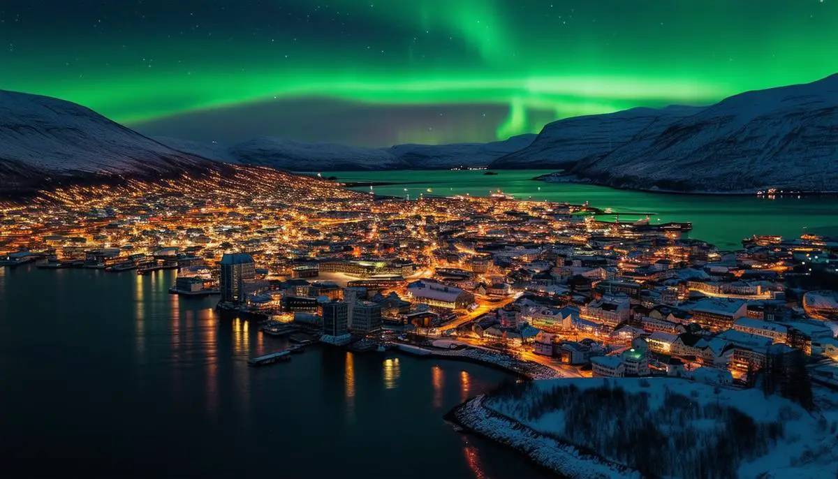 Aerial view of Tromsø city at night with the northern lights dancing above