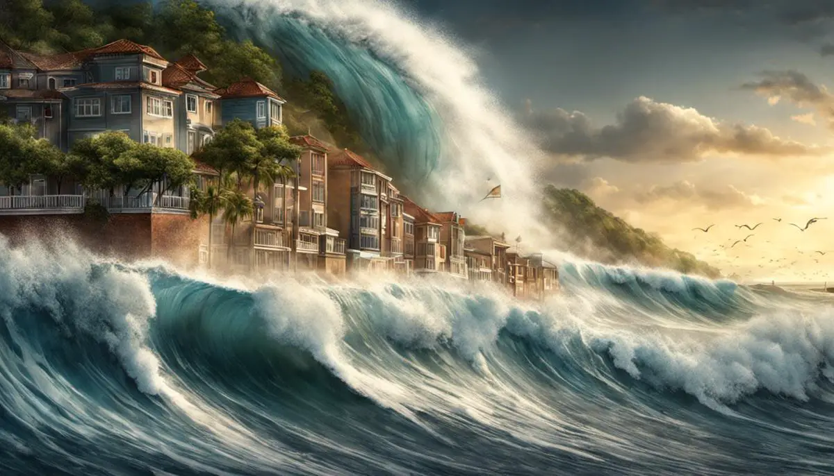 Illustration of a tsunami wave crashing into a coastal city