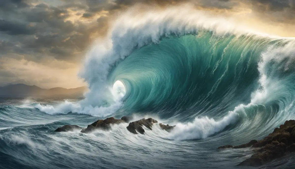 A visual representation of the destructive power of tsunamis, showing a large wave crashing into a coastal area.