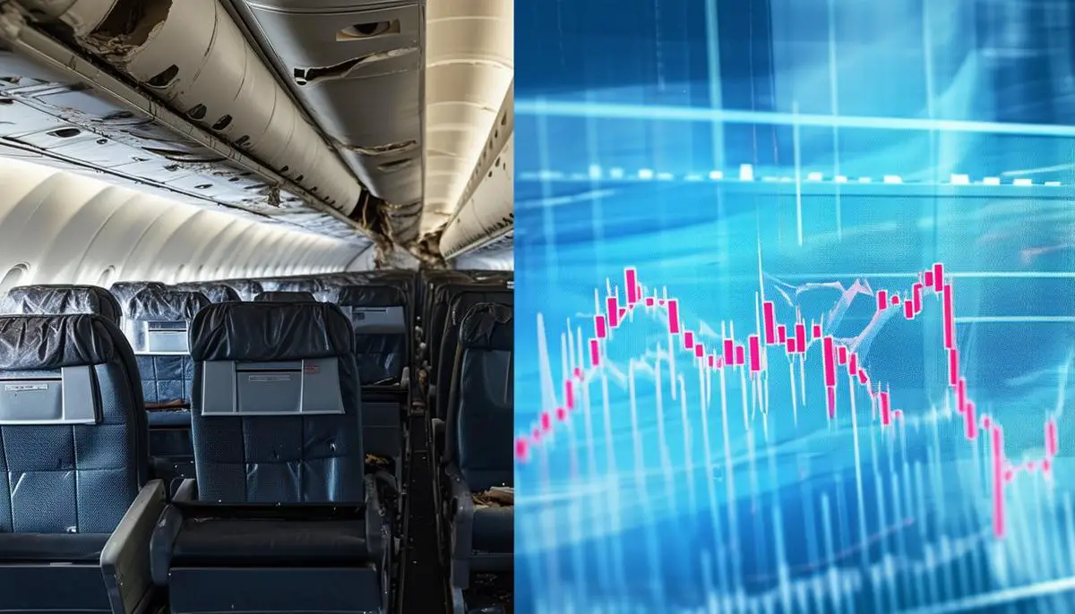 A split image showing a damaged airplane interior on one side and a financial chart trending downwards on the other