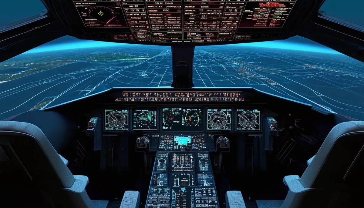 A futuristic cockpit display showing advanced turbulence prediction systems and weather radar