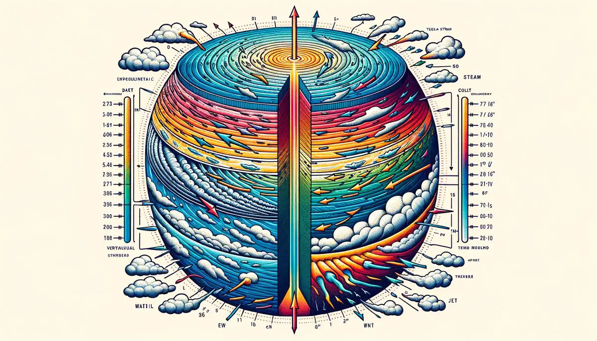 A diagram illustrating the scientific mechanisms behind atmospheric turbulence, including vertical wind shear and jet streams