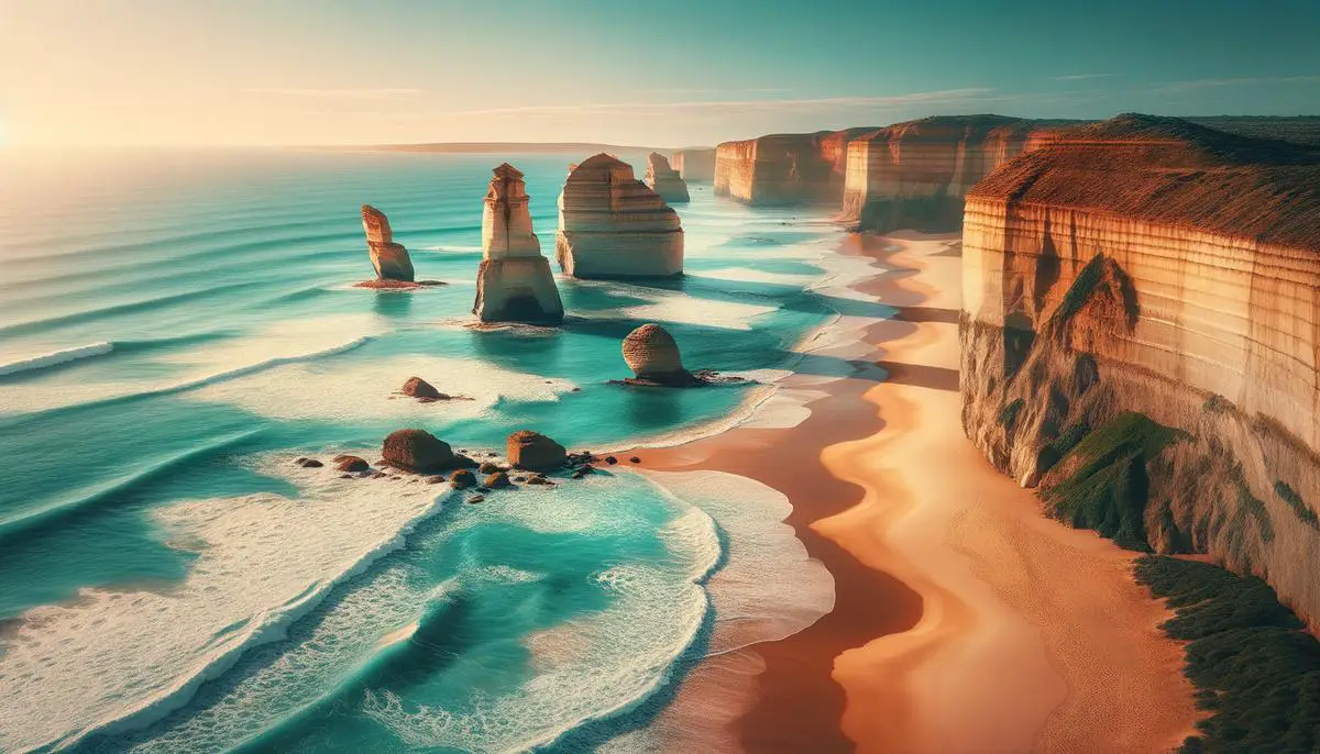 The iconic Twelve Apostles, a series of limestone stacks rising from the Southern Ocean along the Great Ocean Road in Australia, set against a dramatic coastal landscape.