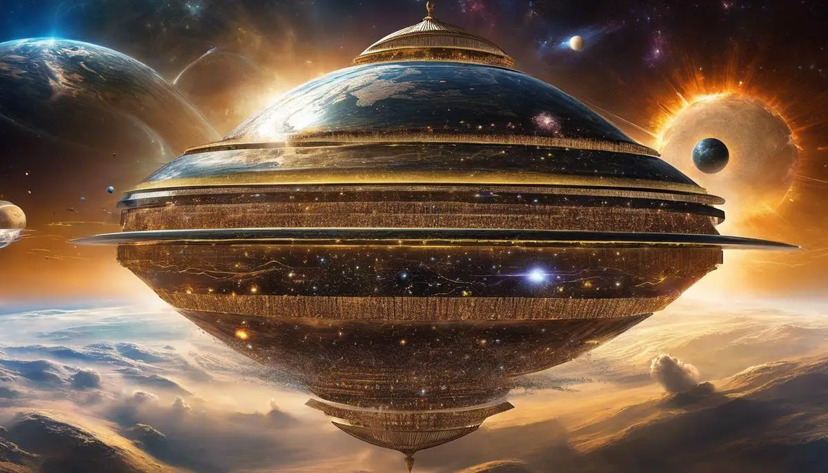 Illustration of a Type 10 civilization, depicting a civilization harnessing energy from multiple universes within the multiverse. The illustration shows advanced technology merging with cosmic structures.