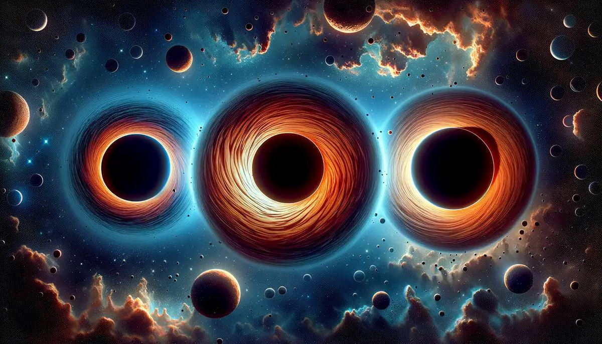 A visual comparison of stellar, intermediate, and supermassive black holes, showing their relative sizes and characteristics