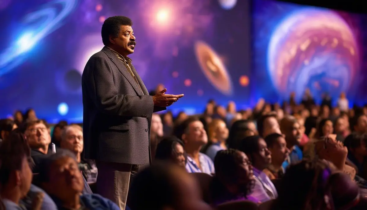 Neil deGrasse Tyson engages a diverse audience during a live event for Cosmos: A Spacetime Odyssey, showcasing the show's broad appeal