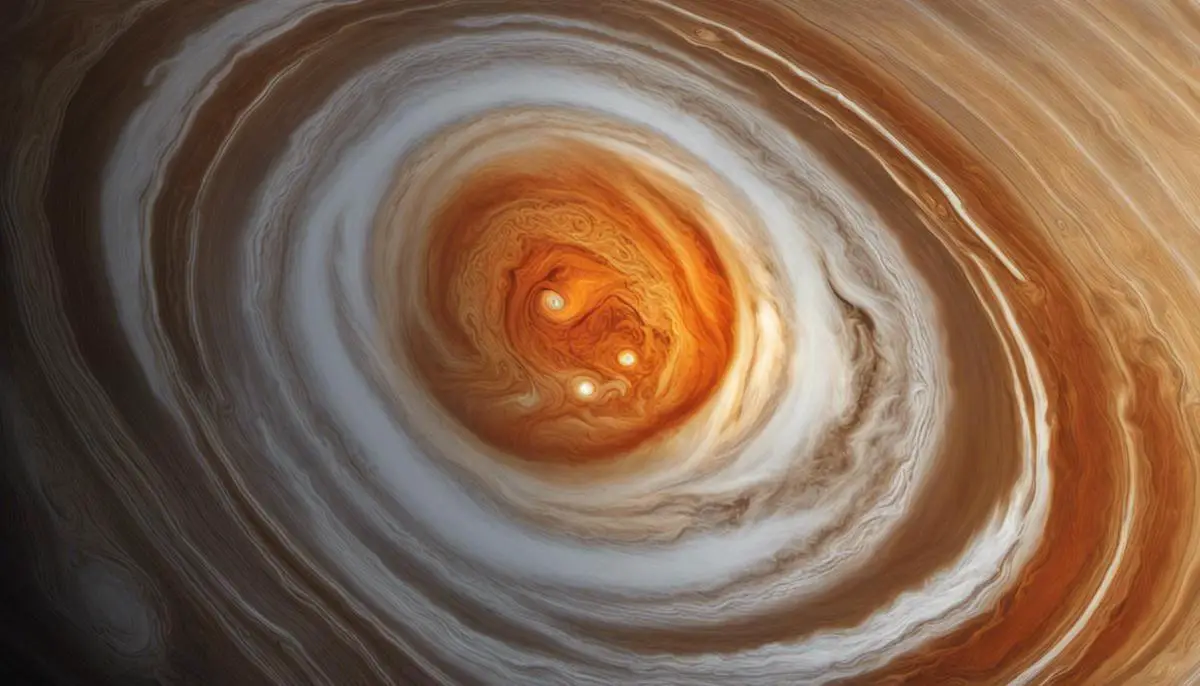 An image showing Jupiter's Great Red Spot, a large storm with a striking red color that has been raging for centuries. The image showcases the vastness and scale of the storm.