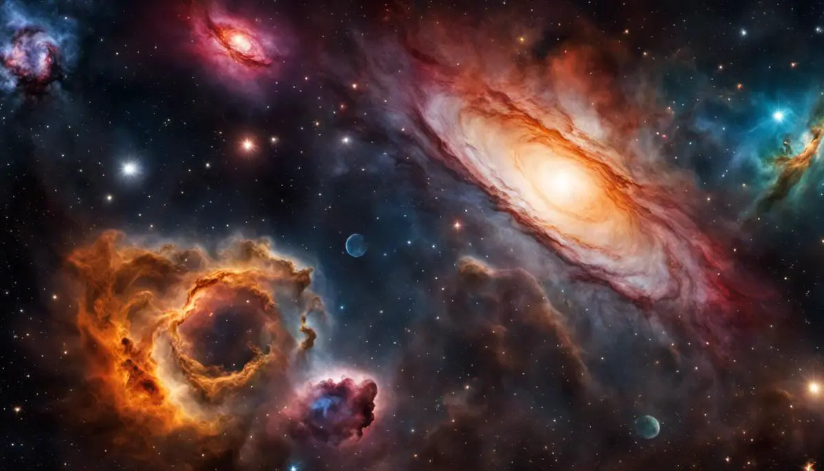 Illustration of different nebulae in space, showing their diverse shapes and colors