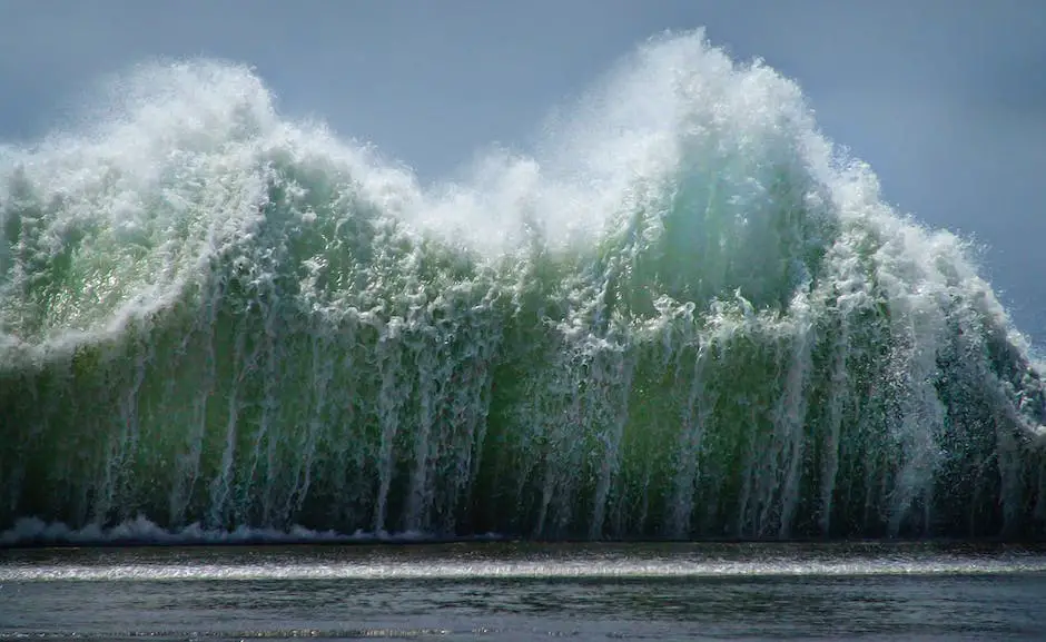 An illustration showing a tsunami wave crashing onto a coastal area
