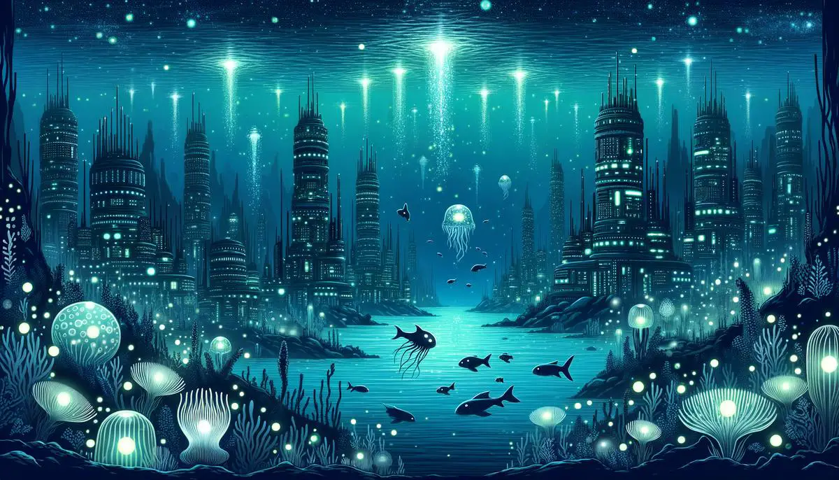 An artist's conception of an underwater alien city with bioluminescent structures